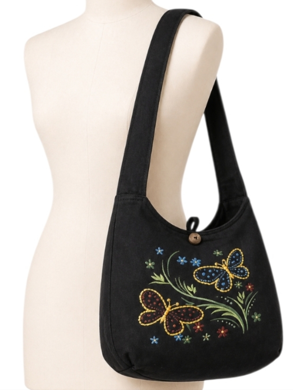 Rising International Brown Cotton Butterfly Embroidered Hobo Bag Cell Pocket NWT